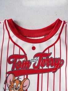 TOM & JERRY X SHEIN Baby Boy Striped Short Sleeve T-Shirt And Shorts Casual Set - Red and White - View 5