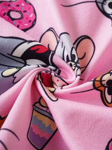TOM & JERRY X SHEIN Baby Girl Cartoon Sweet Ice Cream All-Over Print Collar Top And Pants Autumn/Winter Pajama Set Pajama Baby Set Cute Pj Set - Pink - View 8