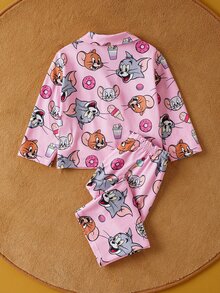 TOM & JERRY X SHEIN Baby Girl Cartoon Sweet Ice Cream All-Over Print Collar Top And Pants Autumn/Winter Pajama Set Pajama Baby Set Cute Pj Set - Pink - View 3