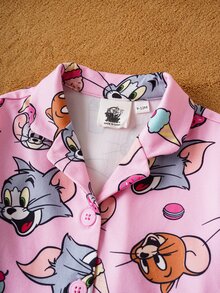 TOM & JERRY X SHEIN Baby Girl Cartoon Sweet Ice Cream All-Over Print Collar Top And Pants Autumn/Winter Pajama Set Pajama Baby Set Cute Pj Set - Pink - View 4