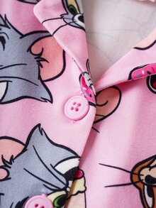 TOM & JERRY X SHEIN Baby Girl Cartoon Sweet Ice Cream All-Over Print Collar Top And Pants Autumn/Winter Pajama Set Pajama Baby Set Cute Pj Set - Pink - View 5