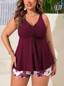 SHEIN Swim Curve Plus Size Women 2 Pieces Spaghetti Strap V-Neck High Waist Random Print Bikini Set For Summer Beach Vacation - Burgundy - View 4
