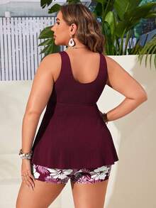 SHEIN Swim Curve Plus Size Women 2 Pieces Spaghetti Strap V-Neck High Waist Random Print Bikini Set For Summer Beach Vacation - Burgundy - View 2