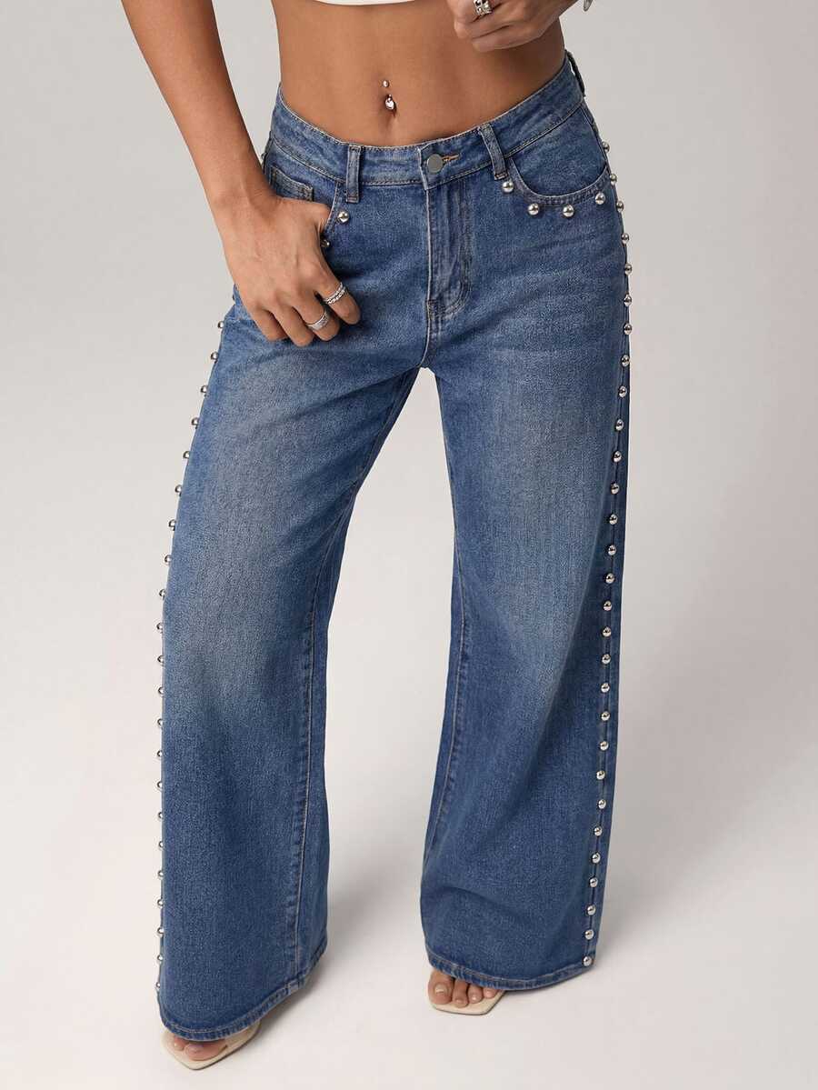 SHEIN Tall Celana Jeans Denim Kasual Wanita untuk Sehari-hari dengan Saku, Kancing, dan Hiasan Stud. - Biru - View 1