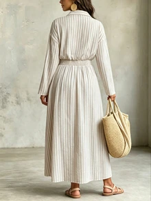 Linhara CURVE Women's Casual Striped Wooden Button Lapel Long Sleeve Dress, Autumn/Winter Fall - Multicolor - View 2