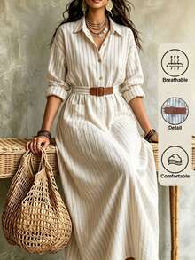 Linhara CURVE Women's Casual Striped Wooden Button Lapel Long Sleeve Dress, Autumn/Winter Fall - Multicolor - View 1