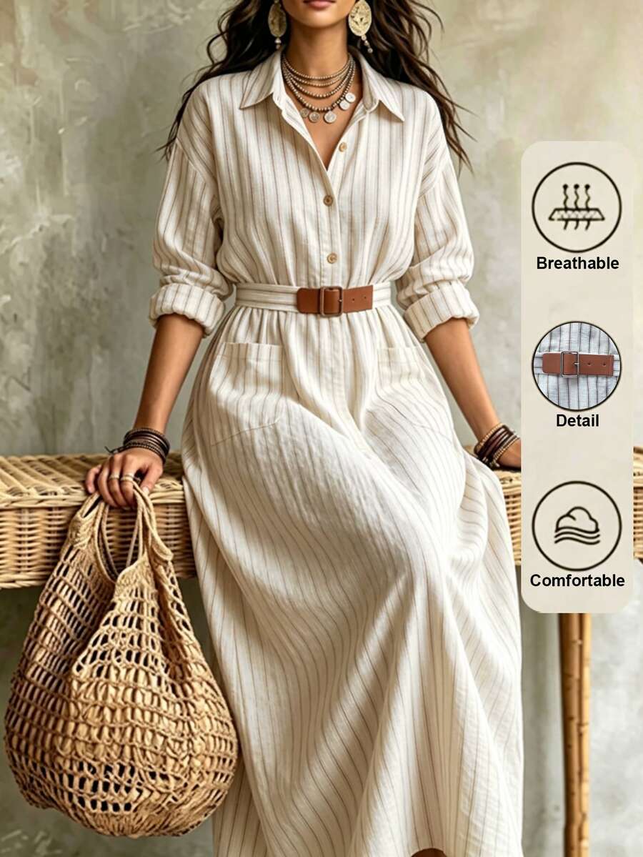 Linhara CURVE Women's Casual Striped Wooden Button Lapel Long Sleeve Dress, Autumn/Winter Fall - Multicolor - View 1