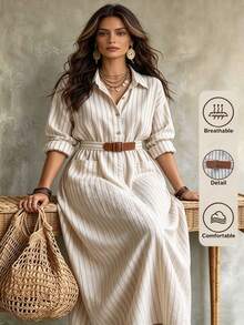 Linhara CURVE Women's Casual Striped Wooden Button Lapel Long Sleeve Dress, Autumn/Winter Fall - Multicolor - View 3