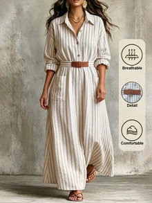 Linhara CURVE Women's Casual Striped Wooden Button Lapel Long Sleeve Dress, Autumn/Winter Fall - Multicolor - View 4