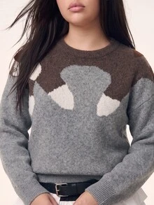 Comfortcana Plus Size Cute Grey Animal Pattern Sweater, Cat Round Neck Sweater, Autumn/Winter - Light Grey - View 4