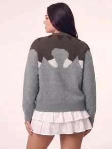 Comfortcana Plus Size Cute Grey Animal Pattern Sweater, Cat Round Neck Sweater, Autumn/Winter - Light Grey - View 2