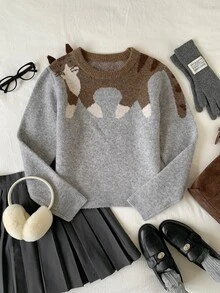 Comfortcana Plus Size Cute Grey Animal Pattern Sweater, Cat Round Neck Sweater, Autumn/Winter - Light Grey - View 8