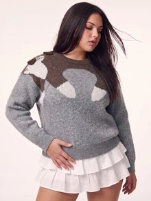 Comfortcana Plus Size Cute Grey Animal Pattern Sweater, Cat Round Neck Sweater, Autumn/Winter - Light Grey - View 6