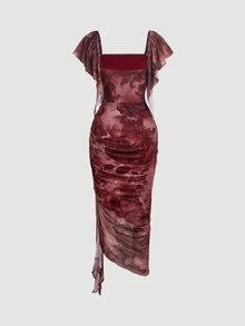 SHEIN MOD Women Mesh Floral Print Square Neck Flutter Sleeve Ruched Twist Front Asymmetrical Hem Bodycon Midi Dress Burgundy Sweet Fairy Elegant Girly Party - Dark Red - View 5