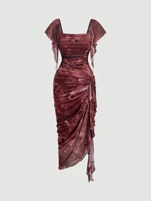 SHEIN MOD Women Mesh Floral Print Square Neck Flutter Sleeve Ruched Twist Front Asymmetrical Hem Bodycon Midi Dress Burgundy Sweet Fairy Elegant Girly Party - Dark Red - View 8