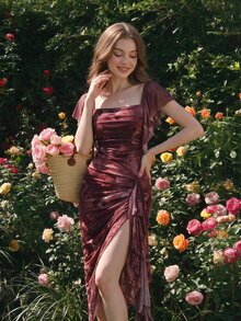 SHEIN MOD Women Mesh Floral Print Square Neck Flutter Sleeve Ruched Twist Front Asymmetrical Hem Bodycon Midi Dress Burgundy Sweet Fairy Elegant Girly Party - Dark Red - View 9