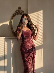 SHEIN MOD Women Mesh Floral Print Square Neck Flutter Sleeve Ruched Twist Front Asymmetrical Hem Bodycon Midi Dress Burgundy Sweet Fairy Elegant Girly Party - Dark Red - View 6