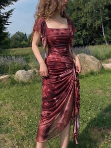 SHEIN MOD Women Mesh Floral Print Square Neck Flutter Sleeve Ruched Twist Front Asymmetrical Hem Bodycon Midi Dress Burgundy Sweet Fairy Elegant Girly Party - Dark Red - View 1