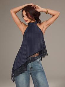 SHEIN PETITE 女款條紋休閒優雅性感百搭掛脖上衣，適合日常穿著、早午餐、外出，夏季款 - 藏蓝色 - 查看 3