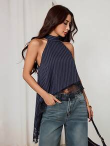 SHEIN PETITE 女款條紋休閒優雅性感百搭掛脖上衣，適合日常穿著、早午餐、外出，夏季款 - 藏蓝色 - 查看 5