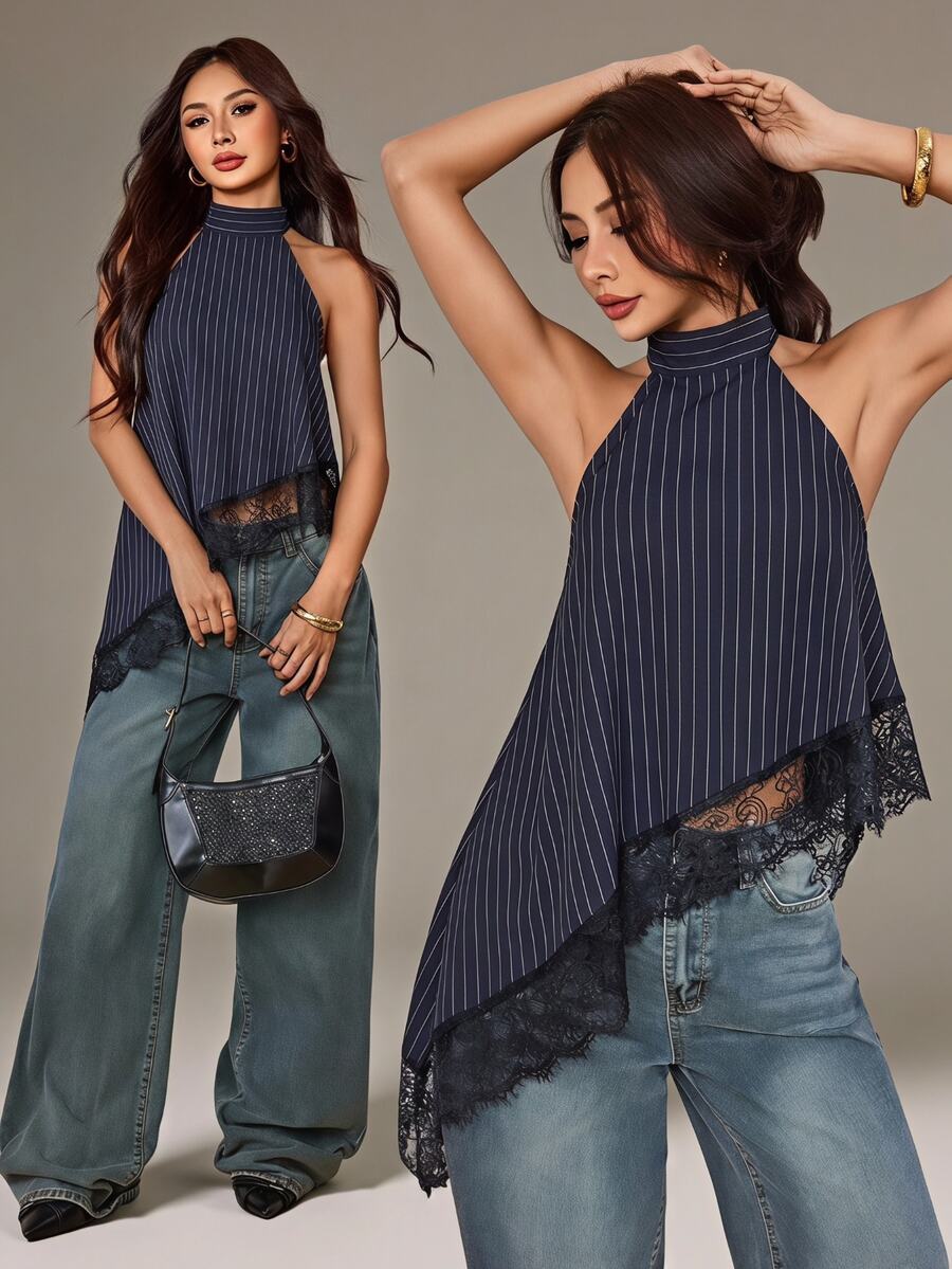 SHEIN PETITE 女款條紋休閒優雅性感百搭掛脖上衣,適合日常穿著、早午餐、外出,夏季款 - 藏蓝色 - 查看 1