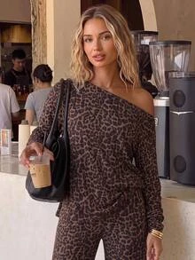 SHEIN EZwear Fall New Vintage Sexy Leopard Print Set, Cold Shoulder Boat Neck Long Sleeve And Long Pants Set, Suitable For Daily Commute Going Out, Party, Grey - Multicolor - View 6