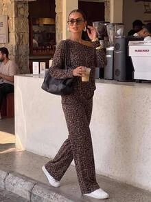 SHEIN EZwear Fall New Vintage Sexy Leopard Print Set, Cold Shoulder Boat Neck Long Sleeve And Long Pants Set, Suitable For Daily Commute Going Out, Party, Grey - Multicolor - View 5
