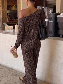 SHEIN EZwear Fall New Vintage Sexy Leopard Print Set, Cold Shoulder Boat Neck Long Sleeve And Long Pants Set, Suitable For Daily Commute Going Out, Party, Grey - Multicolor - View 2