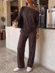 SHEIN EZwear Fall New Vintage Sexy Leopard Print Set, Cold Shoulder Boat Neck Long Sleeve And Long Pants Set, Suitable For Daily Commute Going Out, Party, Grey - Multicolor - View 4
