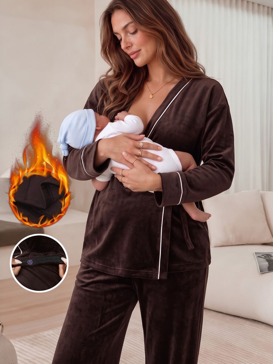 SHEIN 孕婦側結長袖上衣與長褲哺乳兩件套 秋季 - 咖啡棕 - 查看 1