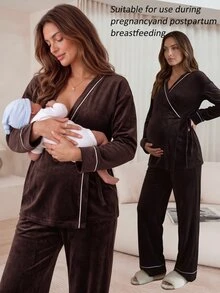 SHEIN 孕婦側結長袖上衣與長褲哺乳兩件套 秋季 - 咖啡棕 - 查看 3