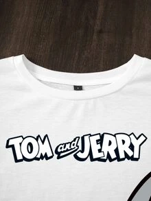 TOM & JERRY X SHEIN Women's Letter Print Round Neck Short Sleeve Casual T-Shirt - White - View 4