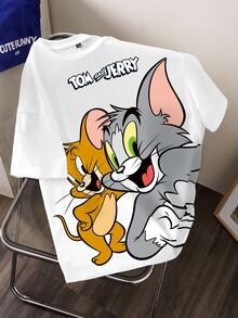 TOM & JERRY X SHEIN Women's Letter Print Round Neck Short Sleeve Casual T-Shirt - White - View 2