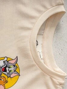 TOM & JERRY X SHEIN 男嬰圓領字母卡通印花短袖T恤與短褲休閒日常套裝 - 杏色 - 查看 5