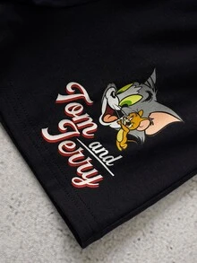 TOM & JERRY X SHEIN 男嬰圓領字母卡通印花短袖T恤與短褲休閒日常套裝 - 杏色 - 查看 11