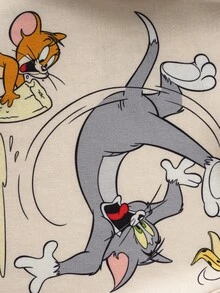 TOM & JERRY X SHEIN 男嬰圓領字母卡通印花短袖T恤與短褲休閒日常套裝 - 杏色 - 查看 7