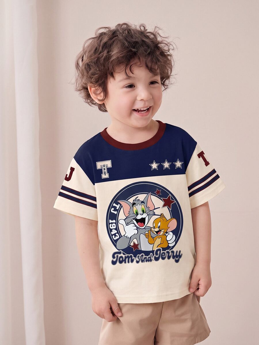 TOM & JERRY X SHEIN Young Boy Round Neck Color Block Letter & Cartoon Print Casual Everyday Short Sleeve T-Shirt - White - View 1