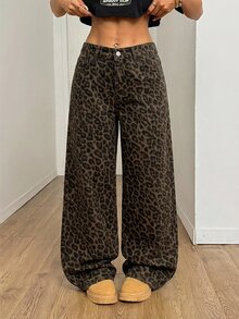 SHEIN PETITE 女款迷彩圖案彈性腰頭牛仔褲 冬季牛仔褲 派對街頭風牛仔褲，適合嬌小女性 - 棕色 - 查看 7