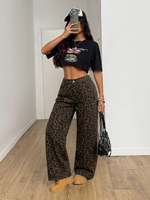 SHEIN PETITE 女款迷彩圖案彈性腰頭牛仔褲 冬季牛仔褲 派對街頭風牛仔褲，適合嬌小女性 - 棕色 - 查看 4
