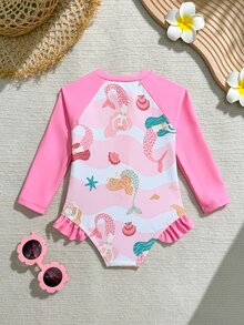 1pc Girls' One-Piece Swimsuit,Holiday Mermaid Cartoon Long Sleeve Rash Guard,Baby Girl Bamboo Fiber Zipper Romper,Sun Protection Swimwear 3-6 Months - Pink - View 3