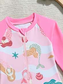 1pc Girls' One-Piece Swimsuit,Holiday Mermaid Cartoon Long Sleeve Rash Guard,Baby Girl Bamboo Fiber Zipper Romper,Sun Protection Swimwear 3-6 Months - Pink - View 4