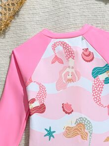1pc Girls' One-Piece Swimsuit,Holiday Mermaid Cartoon Long Sleeve Rash Guard,Baby Girl Bamboo Fiber Zipper Romper,Sun Protection Swimwear 3-6 Months - Pink - View 5