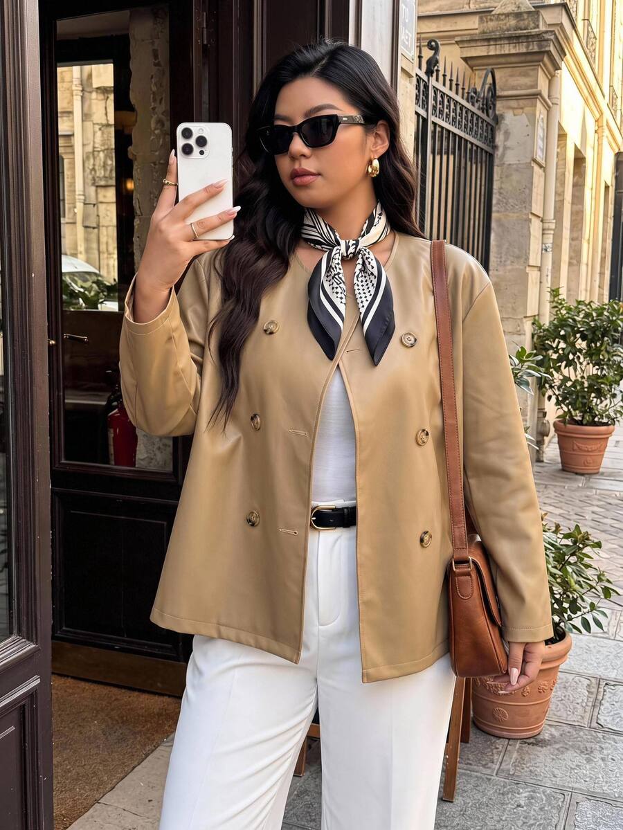 Enliva Plus Size Coats Women Fall Winter Jacket Office Working Camel Elegant Casual Tailored - Apricot - View 1