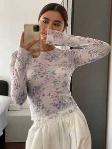 DAZY 女款花卉印花修身百搭日常穿著長袖上衣 秋季 - 淺粉色 - 查看 2