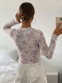 DAZY 女款花卉印花修身百搭日常穿著長袖上衣 秋季 - 淺粉色 - 查看 4