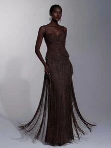 Elitara Elegant Luxury Knitted Glitter Spaghetti Strap Jumpsuit With Waist Ruching And Tassel Decor,Flattering Silhouette For Galas,Weddings&Formal Events - Brown - View 1
