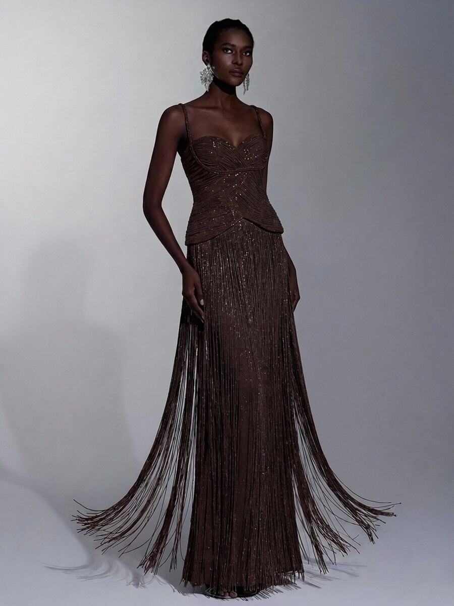 Elitara Elegant Luxury Knitted Glitter Spaghetti Strap Jumpsuit With Waist Ruching And Tassel Decor,Flattering Silhouette For Galas,Weddings&Formal Events - Brown - View 1