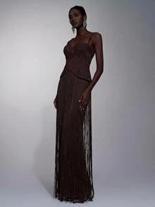 Elitara Elegant Luxury Knitted Glitter Spaghetti Strap Jumpsuit With Waist Ruching And Tassel Decor,Flattering Silhouette For Galas,Weddings&Formal Events - Brown - View 7