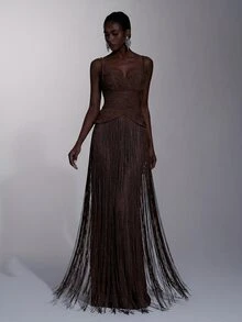 Elitara Elegant Luxury Knitted Glitter Spaghetti Strap Jumpsuit With Waist Ruching And Tassel Decor,Flattering Silhouette For Galas,Weddings&Formal Events - Brown - View 8