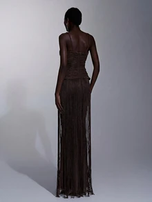 Elitara Elegant Luxury Knitted Glitter Spaghetti Strap Jumpsuit With Waist Ruching And Tassel Decor,Flattering Silhouette For Galas,Weddings&Formal Events - Brown - View 2